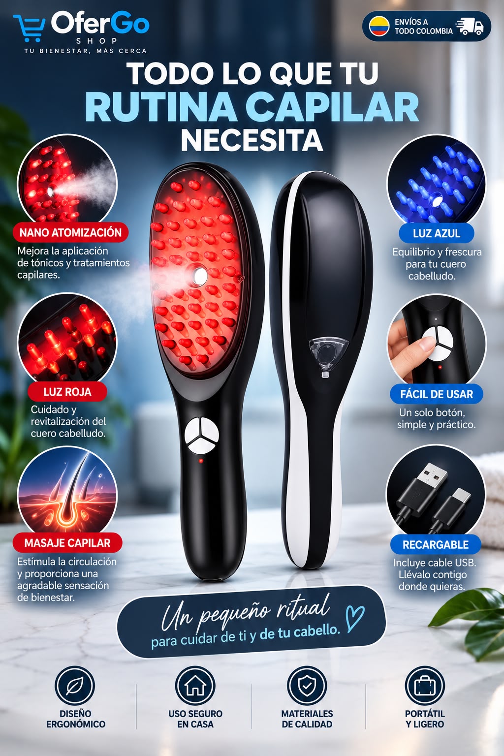 Nano Brush™ 4 en 1 | Masajeador Capilar con Luz LED
